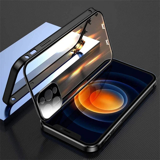 360 ° Full Protection Metal Magnetic Double-Sided Glass Snap Lock Phone Case For iPhone 16 Pro Max 14 11 12 13 15 Pro Max Cover