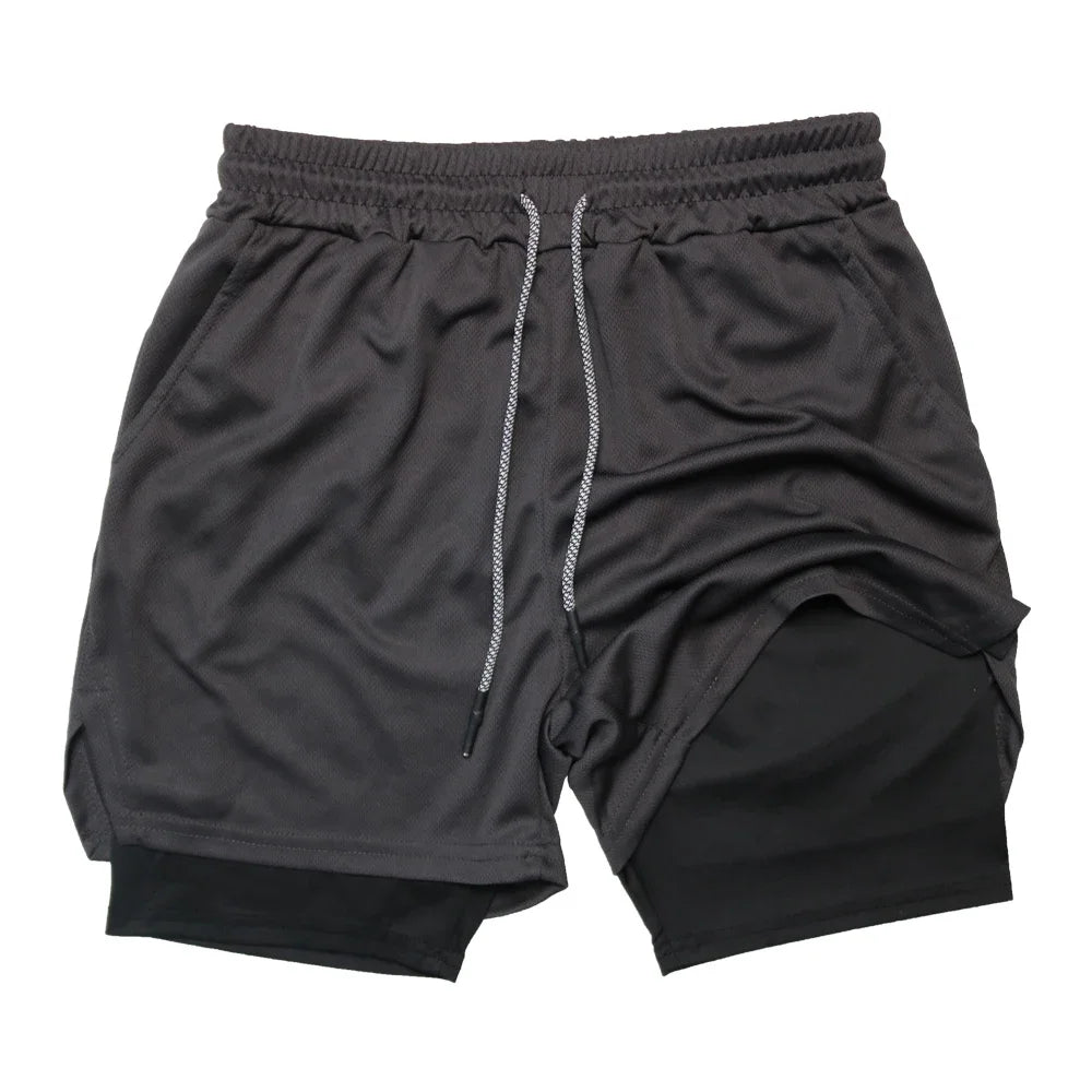 Men's Double Layer Fitness Shorts Men Fitness Gym Training 2 in 1 Sports Shorts Quick Dry Workout Jogging Double Deck Summer
