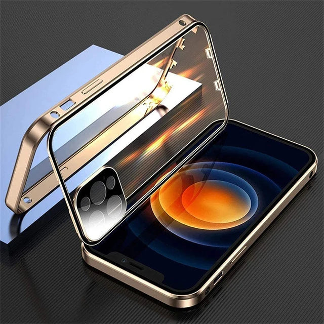 360 ° Full Protection Metal Magnetic Double-Sided Glass Snap Lock Phone Case For iPhone 16 Pro Max 14 11 12 13 15 Pro Max Cover