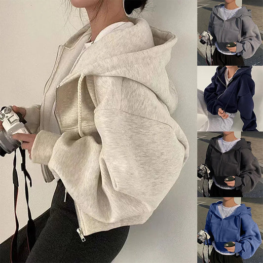 Spring Autumn New Insfleece-lined Versatile Cropped Slims Smooths Silhouette Zip-up Warm Navy Blue Hooded Sweatshirt Women