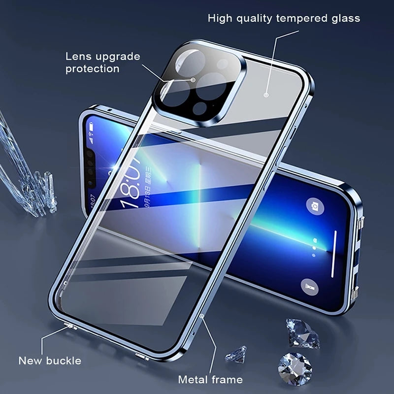 360 ° Full Protection Metal Magnetic Double-Sided Glass Snap Lock Phone Case For iPhone 16 Pro Max 14 11 12 13 15 Pro Max Cover