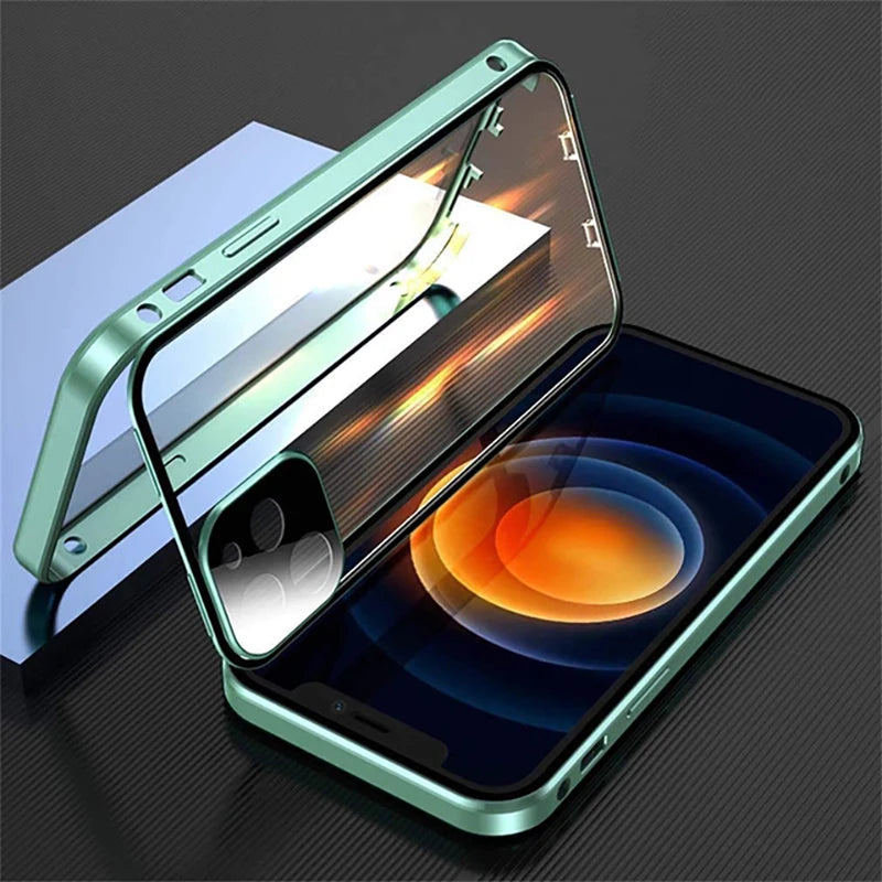 360 ° Full Protection Metal Magnetic Double-Sided Glass Snap Lock Phone Case For iPhone 16 Pro Max 14 11 12 13 15 Pro Max Cover
