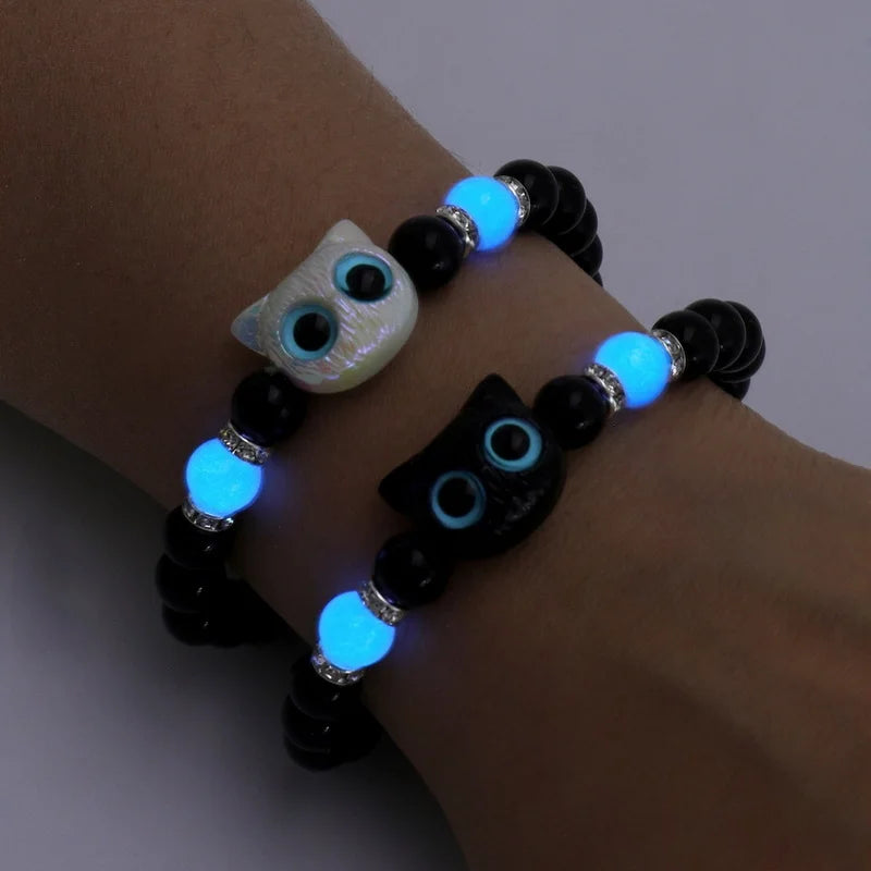 Cute Cartoon Big Eye Cat Luminous Bracelets Glow In The Dark Fluorescence Pendant Bracelet For Women Couple Friendship Jewelry