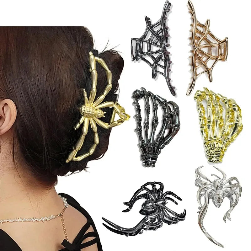 Halloween Spider Skeleton Hair Claw Clips for Women Jewelry Accessories Black Silver Gold Large Barrette Party Headwear