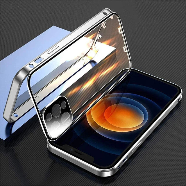 360 ° Full Protection Metal Magnetic Double-Sided Glass Snap Lock Phone Case For iPhone 16 Pro Max 14 11 12 13 15 Pro Max Cover
