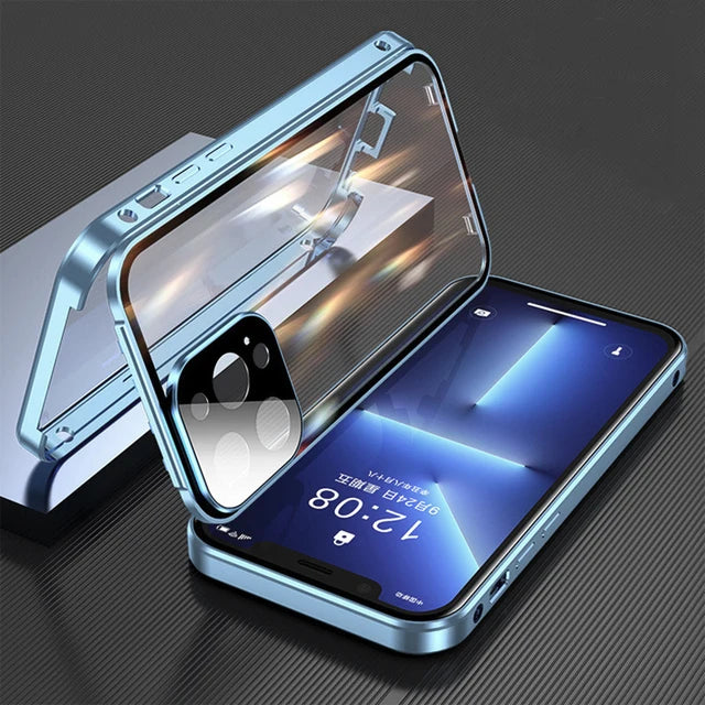 360 ° Full Protection Metal Magnetic Double-Sided Glass Snap Lock Phone Case For iPhone 16 Pro Max 14 11 12 13 15 Pro Max Cover
