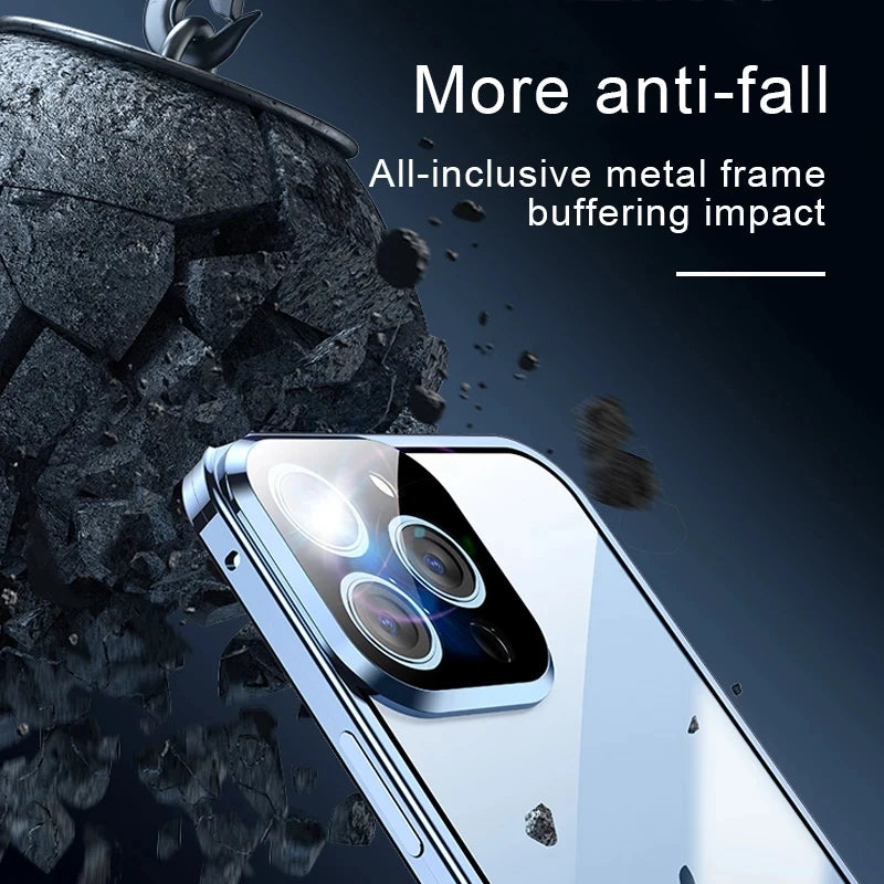 360 ° Full Protection Metal Magnetic Double-Sided Glass Snap Lock Phone Case For iPhone 16 Pro Max 14 11 12 13 15 Pro Max Cover