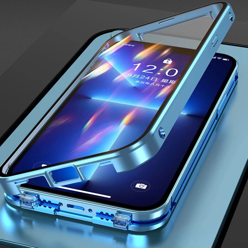 360 ° Full Protection Metal Magnetic Double-Sided Glass Snap Lock Phone Case For iPhone 16 Pro Max 14 11 12 13 15 Pro Max Cover