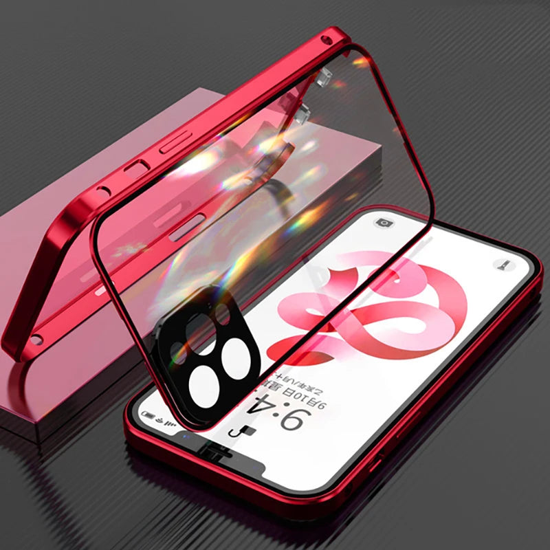 360 ° Full Protection Metal Magnetic Double-Sided Glass Snap Lock Phone Case For iPhone 16 Pro Max 14 11 12 13 15 Pro Max Cover