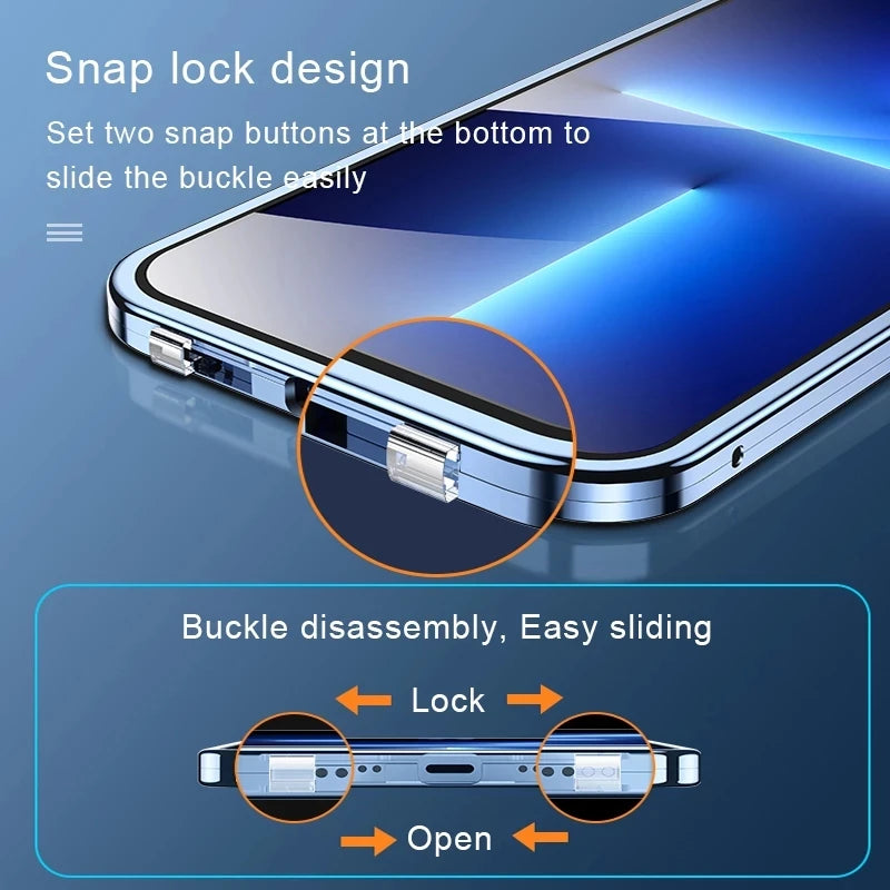 360 ° Full Protection Metal Magnetic Double-Sided Glass Snap Lock Phone Case For iPhone 16 Pro Max 14 11 12 13 15 Pro Max Cover