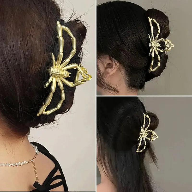Halloween Spider Skeleton Hair Claw Clips for Women Jewelry Accessories Black Silver Gold Large Barrette Party Headwear