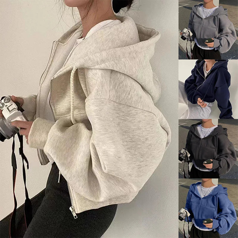 Spring Autumn New Insfleece-lined Versatile Cropped Slims Smooths Silhouette Zip-up Warm Navy Blue Hooded Sweatshirt Women