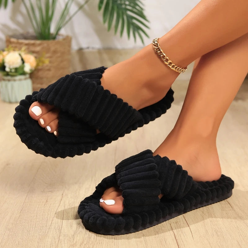 Women Corduroy Cross Strap Home Slippers Men Soft Warm Flat Slides Family Indoor Fashion Concise Plush Sandals For Four Seasons