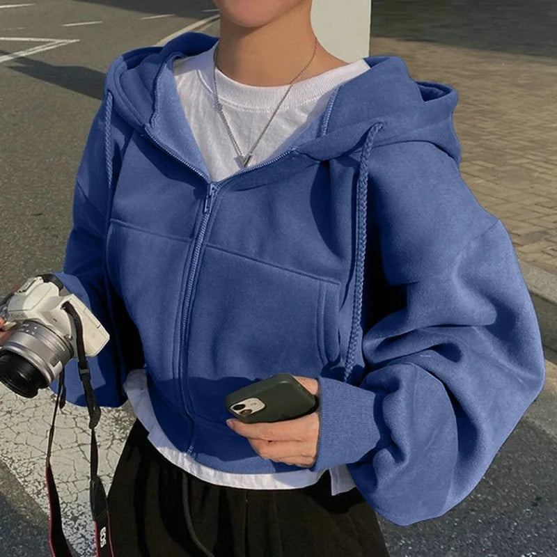 Spring Autumn New Insfleece-lined Versatile Cropped Slims Smooths Silhouette Zip-up Warm Navy Blue Hooded Sweatshirt Women